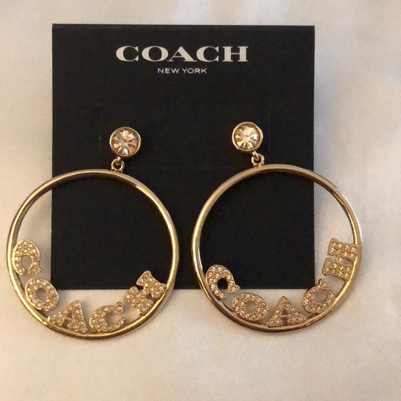 Coach Gold Tone Signature Frontal Logo Hoop Earrings Crystal Accents NWT - Picture 3 of 14